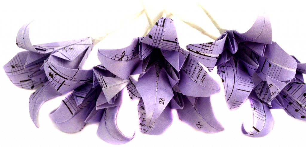 Gentian dyed lilac origami lily buttonholes